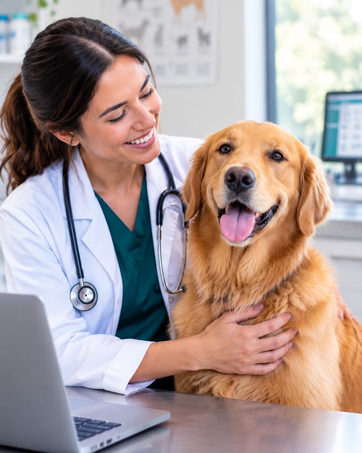 Veterinária usando o VetByte no notebook durante o atendimento